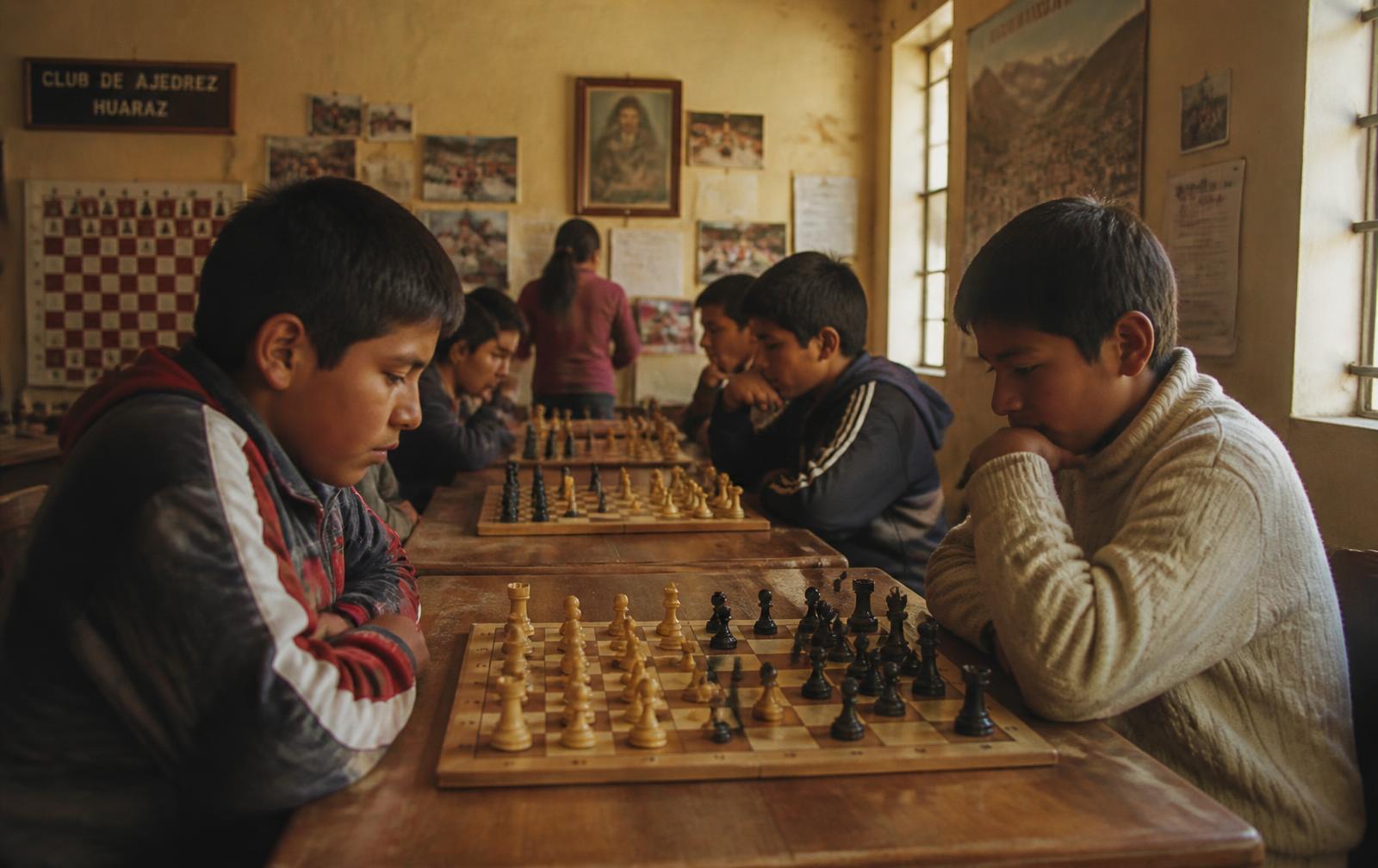 Peruvian youth playing chess together in a community center